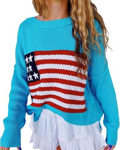 KMBANGI Women American Flag Sweater Graphic Loose Vintage Long Sleeve Crewneck Knitted Jumper Top Patriotic Pullover in Saudi Arabia