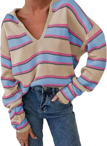 EVALESS Sweaters for Women Long Sleeve V Neck Striped Knit Drop Shoulder Fall Jumper 2024 Henley Pullover in Saudi Arabia