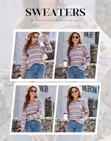 EVALESS Sweaters for Women Long Sleeve V Neck Striped Knit Drop Shoulder Fall Jumper 2024 Henley Pullover in Saudi Arabia