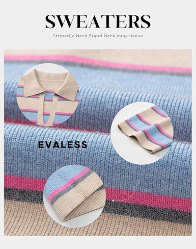 EVALESS Sweaters for Women Long Sleeve V Neck Striped Knit Drop Shoulder Fall Jumper 2024 Henley Pullover in Saudi Arabia