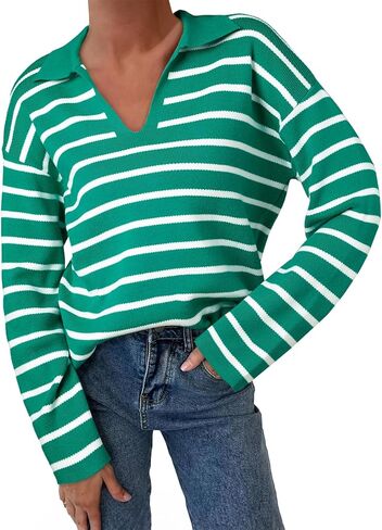 EVALESS Sweaters for Women Long Sleeve V Neck Striped Knit Drop Shoulder Fall Jumper 2024 Henley Pullover in Saudi Arabia