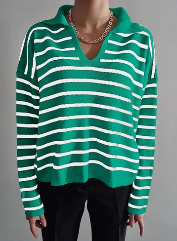 EVALESS Sweaters for Women Long Sleeve V Neck Striped Knit Drop Shoulder Fall Jumper 2024 Henley Pullover in Saudi Arabia