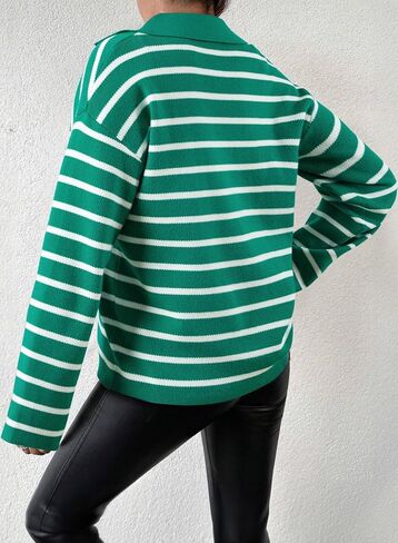 EVALESS Sweaters for Women Long Sleeve V Neck Striped Knit Drop Shoulder Fall Jumper 2024 Henley Pullover in Saudi Arabia