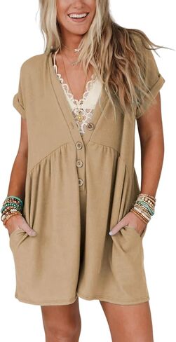 ثوب فضفاض نسائي صيفي بأكمام قصيرة من Zhiyouni فضفاض برقبة على شكل حرف V وأزرار سفلية مع جيوب in Kuwait
