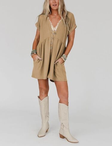 ثوب فضفاض نسائي صيفي بأكمام قصيرة من Zhiyouni فضفاض برقبة على شكل حرف V وأزرار سفلية مع جيوب in Kuwait