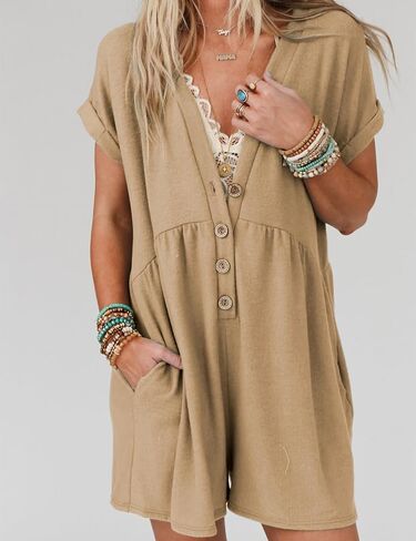 ثوب فضفاض نسائي صيفي بأكمام قصيرة من Zhiyouni فضفاض برقبة على شكل حرف V وأزرار سفلية مع جيوب in Kuwait