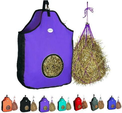 حقيبة حمل Hay Feeder 1200 D من Majestic Ally للخيول والأغنام مع زخرفة عاكسة - تقلل من النفايات - تأتي مع شبكة قش مقاس 91.44 سم. (أسود) in Saudi Arabia