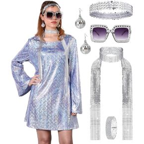 70s Disco Outfit Women, 70s Theme Disco Dress Costume Shiny Go Go Dress for Halloween Birthday Dance Party