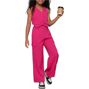 Floerns Girl's Summer Two Piece Sets Button Up Waistcoat Vests Cargo Pants Clothing Sets