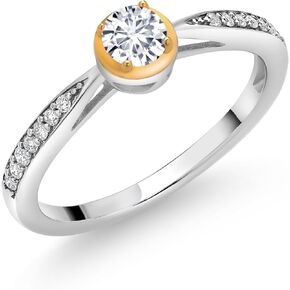 Gem Stone King 925 Sterling Silver and 10K Yellow Gold White Lab Grown Diamond Wedding Engagement Solitaire Anniversary Promise Ring For Women (0.27 Cttw, Available In Size 5, 6, 7, 8, 9)