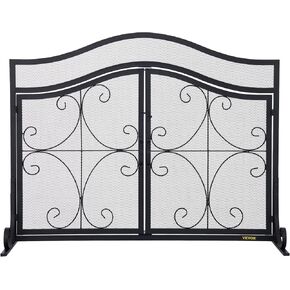 VEVOR Fireplace Screen, 38 x 26.5 Inch,Heavy Duty Iron Freestanding Spark Guard with Support, Metal Mesh Craft, Broom Tong Shovel Poker Included for Fireplace Decoration & Protection, Black