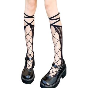 Women's Ripped Lace-Up Fishnet Socks Irregular Personality Y2K Hollow out Knee High Stockings