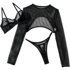 Lilosy Sexy Fishnet Underwire Rave Outfits Top Bra Panty 3 Piece Lingerie Set