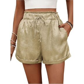 Women's Metallic Shorts Wide Leg High Elastic Waist Shorts Party Rave Summer Shorts with Pocket