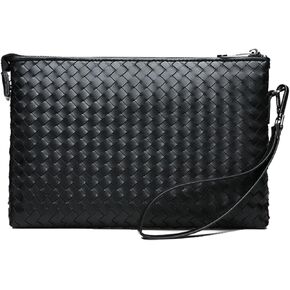 GHUHUALXTide Men's Bag Receiving Clutch Black Leather Woven Men's Handbag Soft Leather Envelope Bag Business Fashion Cowhide Clutch Bag Horizontal Male