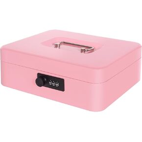 Cash Box with Money Tray and Combination Lock, Metal Money Box for Cash Register Petty Cash Lock Box for Money Safe 9.84" x 7.87" x 3.54" Pink