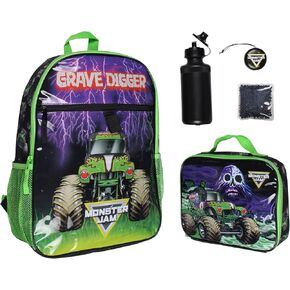 Monster Jam Grave Digger Truck 5 PC Backpack Lunchbox Icepack Water Bottle Keychain