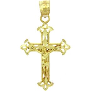 10K or 14K White, Yellow, or Rose Gold 1-1/4" Fleur De Lis Openwork Crucifix Charm Pendant Religious Jewelry - Your Choice of Metal Color