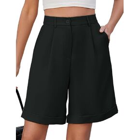 BBX Lephsnt Knee Length Bermuda Shorts for Ladies Elastic High Waisted Business Shorts Casual Tailored Shorts with Pockets (BlackX-Large)