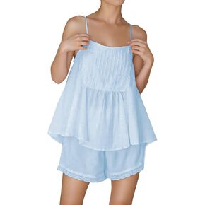 Womens Summer 2 Piece Set Sleeveless Tie Straps Ruffle Trim Top and Shorts Sets Soft Cozy Pajamas Set
