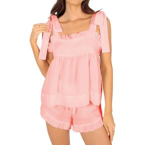 Womens Summer 2 Piece Set Sleeveless Tie Straps Ruffle Trim Top and Shorts Sets Soft Cozy Pajamas Set