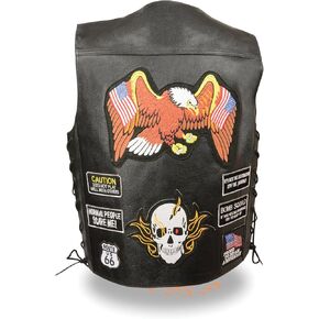 MEN'S MOTORCYCLE CLASSIC PRE- PATCHES REAL LEATHER VEST SIDE LACES BLACK NEW