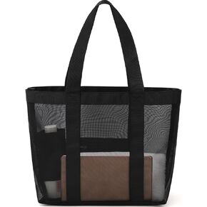 KPX Mesh Beach Bag, Large Beach Tote Bags for Women Foldable Mesh Swimming Pool Bag with Mini Pockets - Sandproof, Waterproof