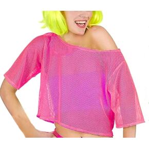 80s شبكة شبكة صيد السمك بلايز للنساء نيون شبكة صيد السمك قبالة الكتف تي شيرت فستان بتصميم حالم ديسكو ريترو الزي زي