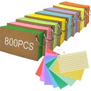 Index Cards 3x5 Inch, 800PCS Flash Cards with Rings 8 Colors Ruled Index Cards, Assorted Lined Colored Flashcards, Thin Note Cards Paper, Study Card Memo Scratch Pad for Home Office School