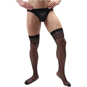 Mens Sexy Stripe Thigh High Stocking Ultral Thin Over Knee Sheer Thin Transparent Long Socks
