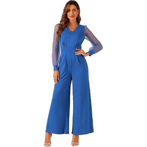 Allegra K Women's Elegant V Neck Mesh Long Sleeve Loose Wide Leg Romper Party Jumpsuits