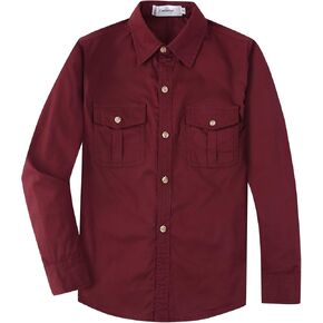 Boys Button Down Shirts Western Long Sleeve with Two Pockets Classic Cotton Woven