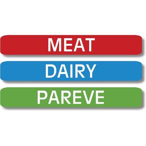 Lovable Labels Kosher Labels, 120 Pre-Printed Meat, Dairy and Pareve Kosher Stickers, Microwave, Freezer and Dishwasher Safe, Color Coded Kitchen Stickers for Kosher Kitchen. (Blue/Red/Green)