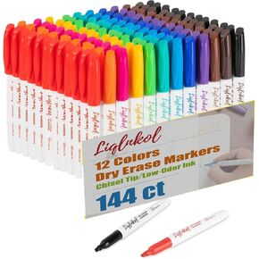 Dry Erase Markers Bulk, Pack of 144 with 12 Assorted Colors, Chisel Tip White Board Markers Dry Erase Pens Whiteboard Markers Perfect for Kids, Home, Office Supplies, Back to School Supplies