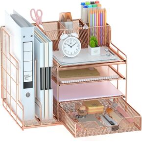 VIVSOL Rose Gold Desk Organizer, Desk Organizers and Office Desk Accessories with Drawer + Vertical File Sorters, Office Supplies for Women, Desk File Organizer Storage for Office, School, Home