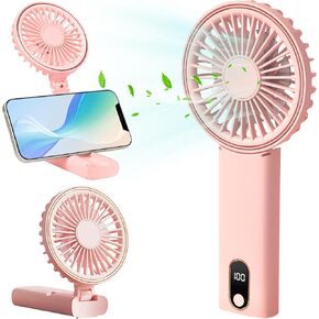 Poratble Handheld Fan Rechargeable Mini Hand Fan 3000mAh Battery Operated USB Fan with 5 Speeds LED Display Small Personal Foldable Desk for Travel Camping Home Pink