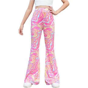 SweatyRocks Girl's Print Flare Elastic High Waist Leg Pants Color Block Long Trousers Streetwear