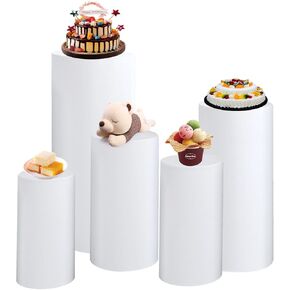 Cylinder Pedestal Stand Covers Set of 5 Spandex Display Stand Covers for Party Decoration Supplies Wedding Decor, White Sublimation Pedestal Covers for Metal Cylinder Pedestal Stands