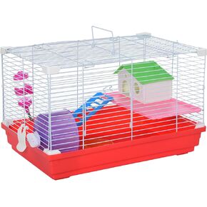PawHut 18.5" Hamster Cage with Exercise Wheel and Water Bottle, Dish, Rat House and Habitat 2-Story Design, Red