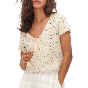 Crochet Tops for Women Knitted Summer Vest Hollow Out Button Down Shirts Short Sleeve Crop Tops Fashion Y2K Tee