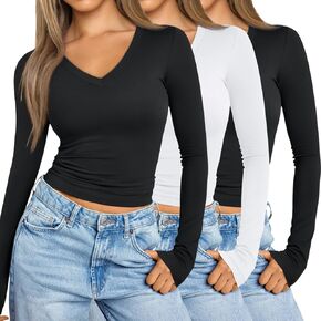 Womens 3 Pack Long Sleeve Shirts V Neck Going Out Slim Fit Causal Crop Tops 2024 Fall Fashion Clothes