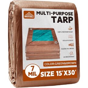 Tarp 5x7 ft 100% Waterproof 7mil Durable Grommets and Reinforced Edges,Uv Resistant,Green/Brown Tarp,Emergency Rain Shelter,Outdoor Cover and Camping Use -by MVPNET