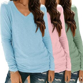 3 Pack Womens Long Sleeve Shirts V Neck Tops Loose Fit Causal Fall Fashion Outfits Trendy Clothes Winter 2024