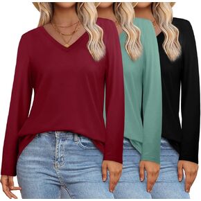 XIEERDUO Womens Long Sleeve Shirts-Fall Tops Basic Tshirts Loose Fit V Neck 3 Packs