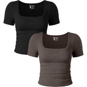 قمصان OQQ النسائية مكونة من قطعتين بأكمام قصيرة ورقبة مربعة مكشكشة قابلة للتمدد in Kuwait