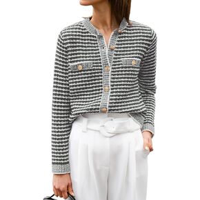 ANRABESS Women's Striped Cardigan Sweaters Casual Long Sleeve Open Front Button Down Knit Cropped Jackets Fall Coat Outerwear