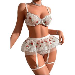 WDIRARA Women's 3 Piece Mesh Sheer Strawberry Embroidery Sexy Lingeries Set with Skirts