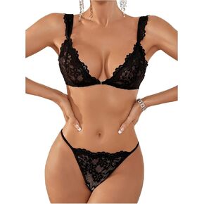 SHENHE Women's 2 Piece Lace Sheer Front Closure Bra and Panty V String Thong Lingerie Set