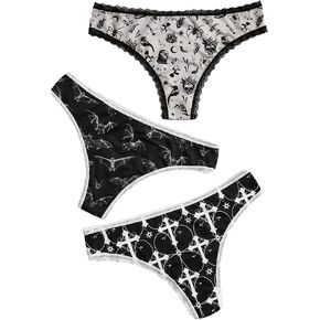 WDIRARA Women's 3 Pack Skull Graphic Print Lace Trim Underwear Panty Set