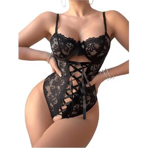 SOLY HUX Women's Sexy Lingerie Set Lace Sheer Strappy Tie Front Underwire Teddy Bodysuits